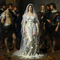 The shadow of beautiful woman under the white veil wearing a white dress and covered with melted white candle wax, flowers and plants grow on her skin, by Ilya Repin, Mikhail Vrubel, William Blake, Michelangelo da Caravaggio, Rafaelle Monti and Beksinski, dramatic volumetric lighting, full body portrait, highly detailed oil painting, 4k, masterpiece
