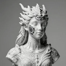 a black and white high quality dslr photo of a young beautiful female queen-dragon-cyborg marble bust with a very long neck and Mandelbrot fractal face