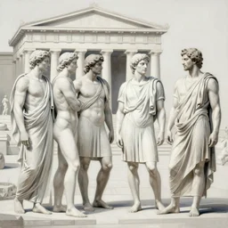 painting of the figures of four people in an ancient greece scenery, high contrast, concept art, town, temple, pillars, dramatic lighting, digital art, 8 k, extremely detailed, drawn by ruan jia