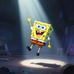 SpongeBob SquarePants levitating into the sky in a beam of light at the end of a concert