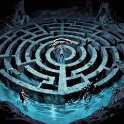 labyrinth half filled with water, dynamic, scary, detailed, cinematic, dramatic lighting, by al feldstein