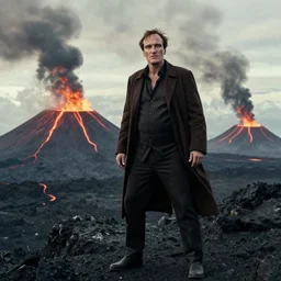 quentin tarantino as obi wan kenobi having the high ground. active volcanoes as background. cinematic trailer format.