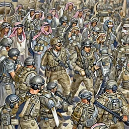 ancient historically accurate depiction of the battle between Special Operations soldiers and Arabs , girls in the background by frank miller, illustration by Ruan Jia and Mandy Jurgens and William-Adolphe Bouguereau, Artgerm, 4k, digital art, surreal, space dandy style, highly detailed, godsend, artstation, digital painting, concept art, smooth, sharp focus, illustration by Ruan Jia and Mandy Jurgens and William-Adolphe Bouguereau,