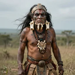 extremely detailed award winning national geographic full body portrait photography from ancient mayan elder shaman warrior with terrifying face tattoos and heavy bone piercings . 64megapixel. 4k 8k. Realistic render. Influenced by apocalypto. Landscape background what is slightly blurry and windy.