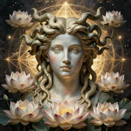 detailed, portrait of medusa, surrounded by lotus flowers and geometry