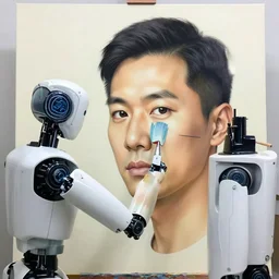 robot artist painting a self - portrait on a canvas. intricate, highly detailed, photorealistic, film still, by huang guangjian.