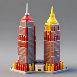 twin towers made of ketchup and mustard bottles