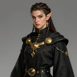 half elf character in a black robe with golden accessories. Braided hair and large earrings, digital art by Dan Mumford and Peter Mohrbacher, highly detailed, trending on ArtStationHQ