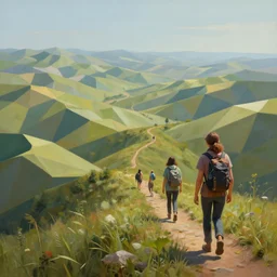 a spring hike in the low - polygon hills, surrealism!!!!! hyper - detailed 3 d render like an oil painting, surreal concept art, lifelike, photorealistic, digital painting, smooth, sharp focus, artstation hd, by greg rutkowski, tyler edlin, valentina remenar and asher duran,