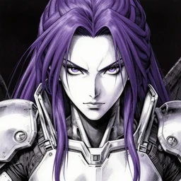 close up portrait of a pale woman in sci - fi armor with pleated purple hair, powerful, domineering, stoic, masterful, intense, ultrafine hyperdetailed illustration by kim jung gi, irakli nadar, intricate linework, sharp focus, octopath traveler, yoji shinkawa, yoshitaka amano, detailed, concept art