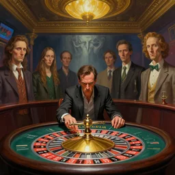 a highly detailed epic cinematic concept art cg render digital painting artwork : lonely angry man in casino playing roulette. by greg rutkowski, in the style of francis bacon and syd mead and norman rockwell and beksinski, open ceiling, highly detailed, painted by francis bacon and edward hopper, painted by james gilleard, surrealism, airbrush, ilya kuvshinov, wlop, stanley artgerm, very coherent, triadic color scheme, art by takato yamamoto and james jean