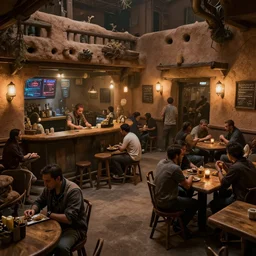 a rowdy crowded pueblo cyberpunk tavern, adobe walls, interior shot, medium shot, atmospheric fantasy matte painting by eytan zana and ruan jia and boris vallejo, trending on artstation
