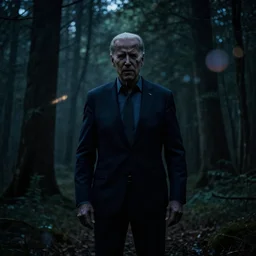 joe biden as slenderman in forest, creepy joe biden, tall trees, night, creepy, horror, movie still, dark, haunted, cinematic lighting, ray tracing, octane render, long lens, shallow depth of field, bokeh, anamorphic lens flare, 8 k, hyper detailed, 3 5 mm film grain