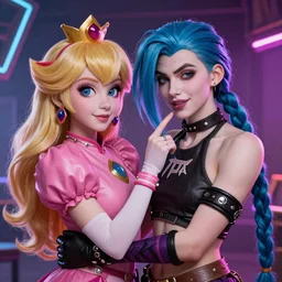 Princess peach mixed with jinx from league of legends with neon lighting, trending on artstation, by WLOP