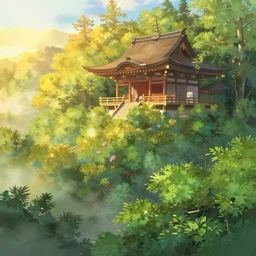 wise man on mountain shrine vivid exuberant immaculate digital painting golden hour light mist refractive lighting lush greenery by makoto shinkai takashi takeuchi yoshiyuki sadamoto