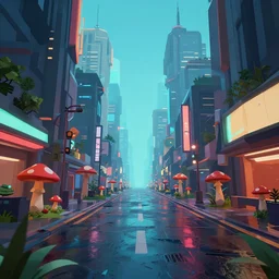 low poly cyberpunk city, wet roads, low camera angle, mushroom growing on the streets