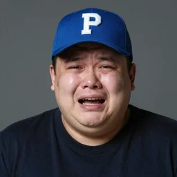 crying obese man wearing a blue cap with a P on it
