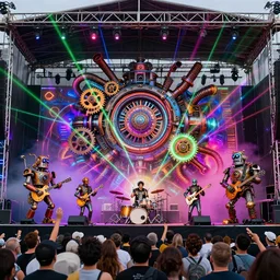 an outdoor festival stage with audience, on stage is a rockband with 3 steampunk robots with guitars and drums, center of the stage is a big futuristic steampunk generator with gears and belts and tubes, laser show, 8 k, fluorescent colors, halluzinogenic, multicolored, exaggerated detailed, unreal engine