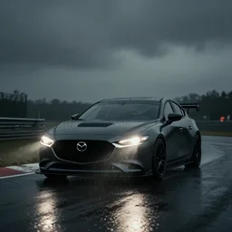 Mazda 3 2022. Mazda3 GT Le Mans car racing on dimly lit track overcast skies raining headlights illuminating track, volumetric lighting cinematic vray 45mm photo muted colors dark cinematic. front side view uncropped centered. artstation trending dramatic harsh lighting low exposure