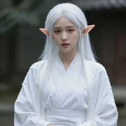 of beautiful and gorgeous elf woman covered in wet cloak with white Japanese dress undercover, white grime on face, black volume hair in tail, style of Alfons Mucha, stylized, midtones, colorfull gradients, details