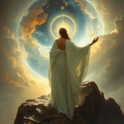 in flowing white robes she watches as the universe is born, full body, supersaturated nebulas, misty, ultra dramatic lighting, bright radial arcs of light, radiant stars, intricate, hyper detailed, masterpiece painting by greg rutkowski, artgerm, alphonse mucha, frank frazetta