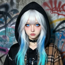 highly detailed portrait of a sewer punk lady student, blue eyes, burberry hoodie, white hair by atey ghailan, by greg rutkowski, by greg tocchini, by james gilleard, by joe fenton, by kaethe butcher, gradient blue, black, brown and cyan color scheme, grunge aesthetic!!! ( ( graffiti tag wall background ) )
