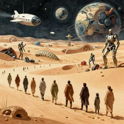 a illustration of people walinkg in the desert wearing cloaks, spaceships in the enviroment, cyborgs, fossils in the earth, intrincate, futuristic, fantastic planet, by moebius, jean giraud & kilian eng