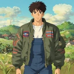 a handsome young man! model, wearing ma - 1 flight suit jacket and overalls, bulky poofy bomber jacket with mayan patterns, trending on pixiv fanbox, painted by greg rutkowski makoto shinkai takashi takeuchi studio ghibli, akihiko yoshida