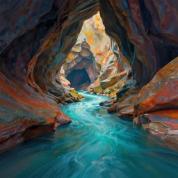a river in a marble cave system, vivid colors, matte painting, 8 k, concept art, mystical color scheme, time machine, trending on artstation