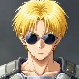 detailed portrait vash the stampede from trigun by eisuke ogura and bengus, detailed face, blonde, small rounded sunglasses, protection in arms, udon comics style, trending artstation, detailed eyes, highly - detailed, trending cgsociety, unreal engine 5, octane render pencil and ink, city in the background, dark colors, intricate details