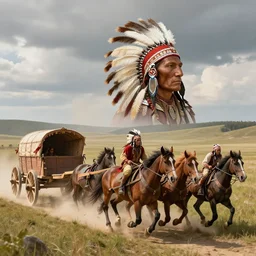 fantasy art hyper ultra 4 k photo sioux indians attacking a horses pulling wagons