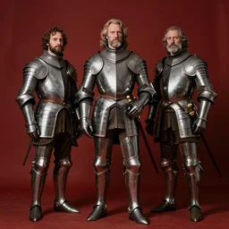 Solomon Joseph Solomon and Richard Schmid and Jeremy Lipking victorian genre painting portrait painting of a old rugged movie actor medieval french english german knight 15th century character in fantasy costume full plate fluted polished armor, red background