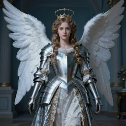 vertical portrait of an empress angel girl in armor rococo outfit. by gaston bussiere, by rembrandt, 1 6 6 7, artstation trending, blue light, by konstantin razumov *