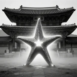 light coming out of a bull - like kaiju starfish monster, korean film noir, korean traditional palace, fog, 4 k, video compression, video glitch, monochrome, akira kurosawa