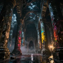 ruins of a fantasy dwarven hall interior in an obsidian cavern, very tall columns, wet floors, high ceiling, dark moody lighting, foggy atmosphere, bright colors, matte painting by Dylan Cole and Denis Villeneuve, low angle view, Arnold rendering