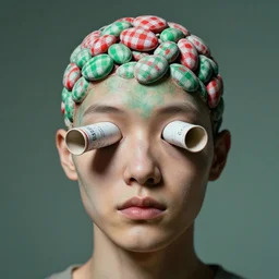 a perfect portrait photograph of the artist kelbv, in distinct hyper detailed style with tubes coming from eyes, and hollowed head filled with red and green gingham ellipsoids, perfect studio lighting against a backdrop of a still from the movie yesterdays asthma.