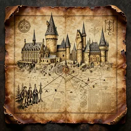 concept art from harry potter movies, marauders map of hogwarts school, with names, mischief managed, ink painting on realistic ripped leather, octane render, 8 k