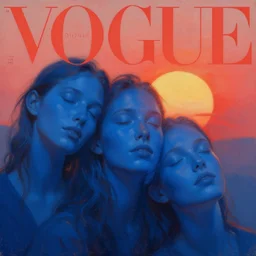 3 d, sci - fi, sunrise, sleepy fashion model face, happy blue faces, sun, cinematic, vogue cover style, poster art, light red and deep blue mood, realistic painting, intricate oil painting, high detail, figurative art, multiple exposure, poster art, 3 d, by tooth wu and wlop and beeple and greg rutkowski