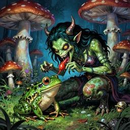 Carnivore godlike scary fairy eating a frog alive , giant mushrooms , psychedel tint , Junji Ito and Greg rutkowski , post processing, masterpiece