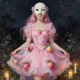 a full body portrait of a young pink pastel woman in a flowery fruit - based dress, wearing a greek mask, night lighting with candles delicate features finely detailed perfect art, gapmoe yandere grimdark, trending on pixiv fanbox, painted by greg rutkowski makoto shinkai takashi takeuchi studio ghibli