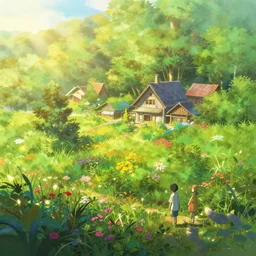 kokiri village wild flora vivid exuberant immaculate digital painting golden hour light mist refractive lighting lush greenery by makoto shinkai takashi takeuchi yoshiyuki sadamoto
