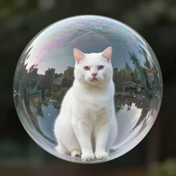 white cat sitting in a giant soap bubble in the air, the cat does not look pleased, by Quint Buchholz