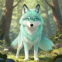 Beautiful portrait digital painting of an anthro anthropomorphic minty wolf at a forest day time.