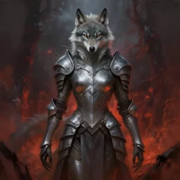 anthropomorphic wolf woman wearing armor, digital painting, fantasy, ethereal, brooding, hellish background, concept art by peter mohrbacher, trending on artstation
