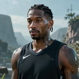 a portrait of kawhi leonard in a scenic environment by conrad roset, hyperdetailed, cyberpunk, cool, cybernetically enhanced, trending on artstation