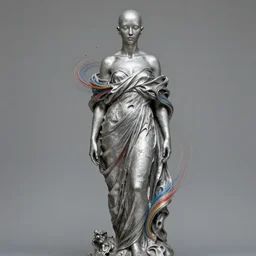 bald silver woman statue, clothed, paint swirling around, john howe, greg rutkowski