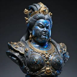 intricate holographic realistic bust sculpture of futuristic digital obese angry singaporean feminine empress, stone and glass and gold, high contrast, blue and black, masterpiece