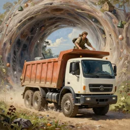 classic oil painting, a dump truck flying through time, as a dnd character, inside a worm hole, cottagecore, highly detailed, digital illustration, concept art, smooth, sharp focus, art by greg hildebrandt, and tim hildebrandt