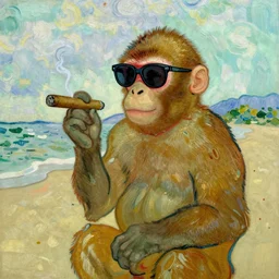 a monkey wearing sunglasses on a beach, smoking a cigar by vincent van gogh
