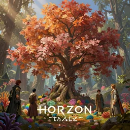 a cherry tree autumn forest in horizon zero dawn 2, rainbow corals, god rays, d & d, fantasy, intricate, elegant, highly detailed, digital painting, artstation, concept art, matte, sharp focus, illustration, hearthstone, art by bouguereau and greg rutkowski and ruan jia and conrad roset and bierstadt.